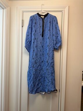 Mayle Blue Floral Midi Dress with Black Trim